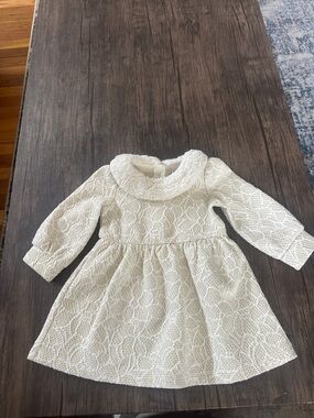 Janie and Jack Ivory Textured Long-Sleeve Baby Dress with Faux Fur Collar